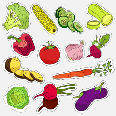 Illustration with sticker style vegetables on light background