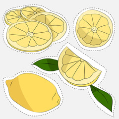 Sticker style ilustration of lemon on grey background