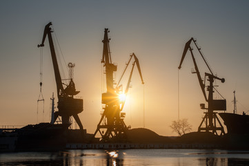 Obraz premium Cargo cranes in the dock of Industrial Port on sunrise