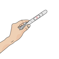 Hand holding a pregnancy test on white background