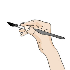 Hand holding a thin brush on white background