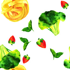 Seamless pattern of watercolour vegan food themed drawings