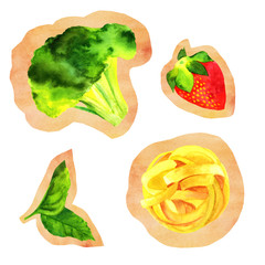Set of isolated cutouts of watercolour vegan food drawings