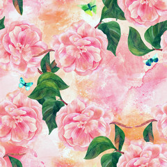 Seamless pattern with pink camellias and butterflies