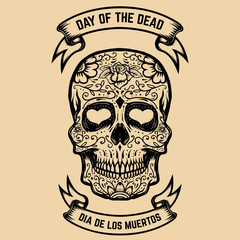 Day of the Dead. Dia de los Muertos. Sugar skull with floral pattern. Design element for poster, greeting card. Vector illustration