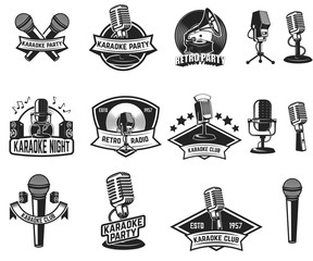 Set of karaoke party labels. Vintage microphone, gramophone. Design elements for label, emblem, sign. Vector illustration - obrazy, fototapety, plakaty