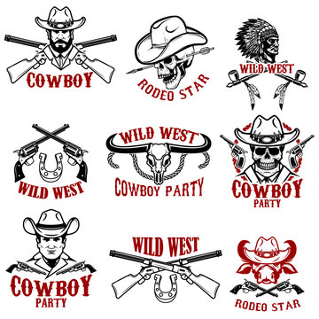 Set of wild west emblems.Cowboy, weapon, native americans. Design elements for label, emblem, sign. Vector illustrations.