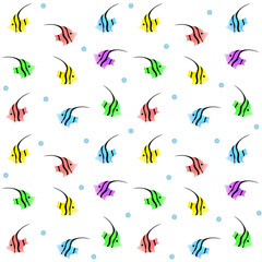 Seamless Pattern of Colorful Exotic Fishes with Blue Water Bubbles on White. Vector Illustration.