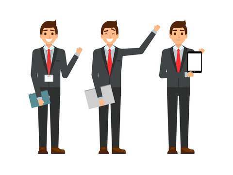 funny cartoon guy in the suit, gesturing. Set of businessman characters point and showing at tablet computer. Happy youg people smiling. Flat design.