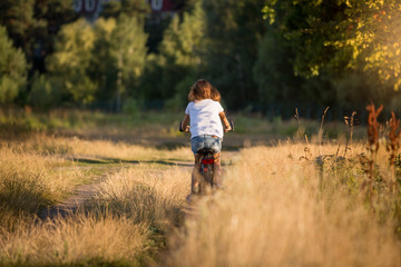 Young woman riding bicycle at meadow on dirt road