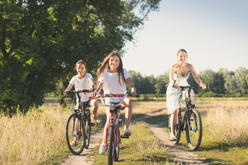 Plakat Family riding on bicycles in meadow at sunny day