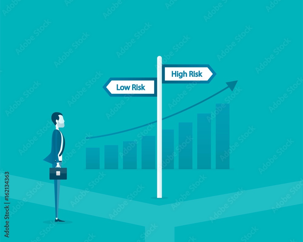 Poster flat vector business man choose the way between low risk and high risk concept and business finance 