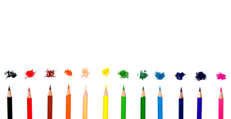 Color pencil and pencil on white background for isolate and cut out the background, Stationery, Color pencil and shavings