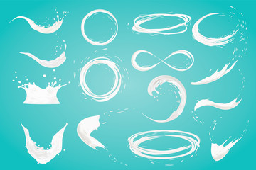 set of milk splashes vector isolated over blue background. pouring white liquid or dairy products. Cream, yogurt fall with drops and blots. 3d illustration.