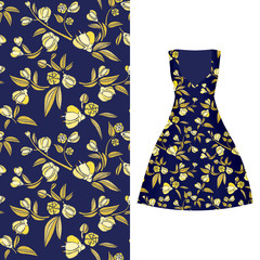 Vector seamless embroidery, floral pattern of leaves and rose on classic women's dress mockup. Vector illustration. Hand-drawn ornate pattern. Gold on dark blue.