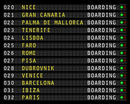 airport flight information display, european holiday travel destinations. vector