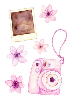 Watercolor hand painted pink camera with polaroid and flowers isolated on white. Design photography elements 