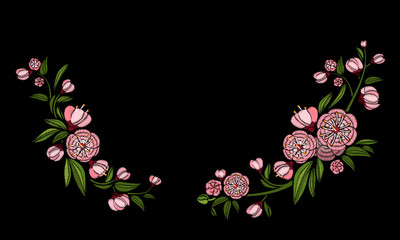Embroidery ethnic flowers, line design fashion wearing. Vector vintage , decorative element for embroidery, patches and stickers. Rose against black background.