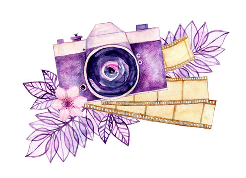 Watercolor hand painted vintage camera with film, flowers and branches isolated on white. Photographer aquarelle logo design