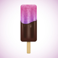 Fresh raspberry ice-cream in chocolate. Tasty and creamy dessert in realistic style. 3d vector illustration. Pink color.