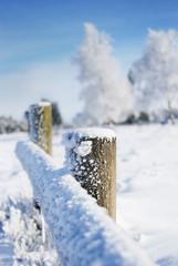 Winterlandschaft im Sauerland, Zaunphal mit Schnee bedeckt