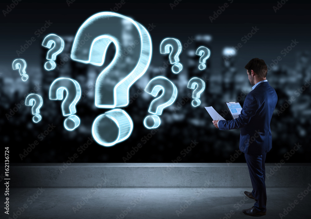 Poster Businessman watching question marks sketch on a rooftop 3D rendering