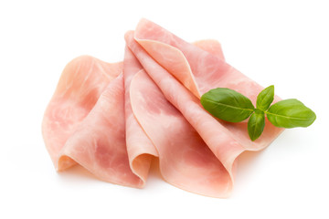 Thin slices of ham on white background. - obrazy, fototapety, plakaty