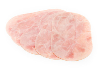 Thin slices of ham on white background.