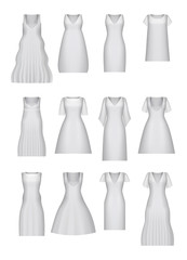 Women's dress mockup collection. White realistic clothes set. vector 3d illustration. Created with gradient mesh. Festival dress with or without sleeves, short, long length. Different types. Isolated.
