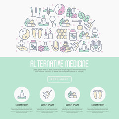 Alternative medicine concept with thin line icons. Elements for app or web site for yoga, acupuncture, wellness, ayurveda, chinese medicine, holistic center. Vector illustration.