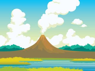 Summer landscape - volcano, lake, grass, clouds.