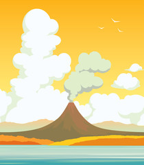 Volcano, lake, clouds. Autumn landscape.