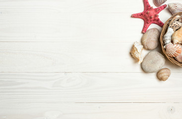 Seashells and starfish lying on white wooden boards