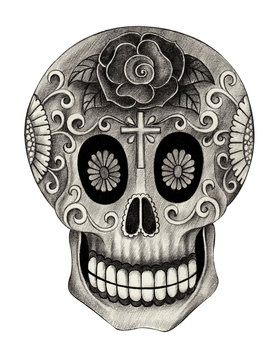 Sugar Skull day of the dead.Hand pencil drawing on paper.