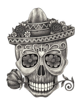 Sugar Skull day of the dead.Hand pencil drawing on paper.