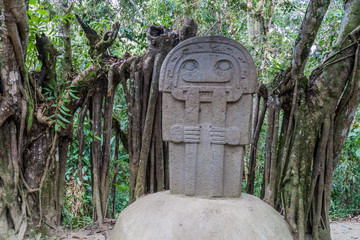 Ancient statue in archeological park in San Agustin, Colombia