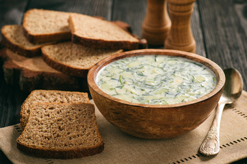 Cold summer soup with vegetables and yogurt (okroshka). Russian style cuisine.