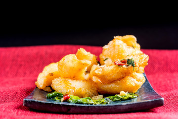 Thai food fried squid on a plate