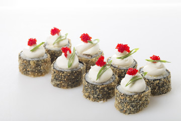 Crispy sushi roll with tobiko caviar.