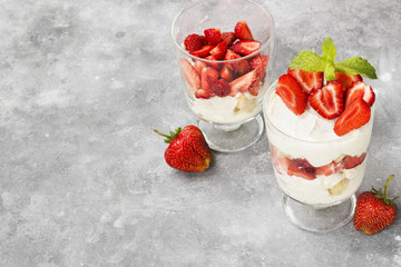 Dessert tiramisu with strawberry on a gray background. Copy space. Food background