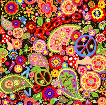 Funny childish abstract colorful wallpaper with hippie symbolic