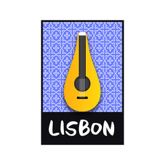 Tipical portuguese fado guitar over azulejo tiles background. Vector illustration