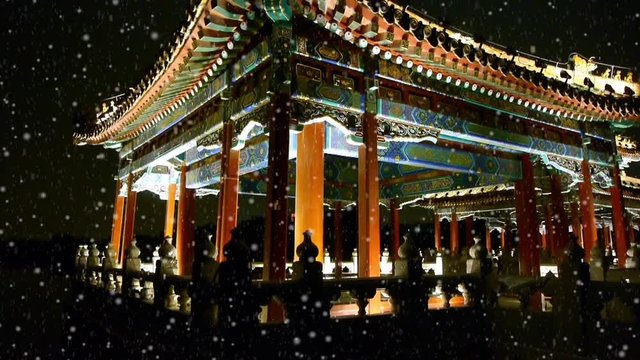 China Beijing ancient architecture pavilions & falling snow at night.