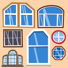 Different types house windows elements flat style frames construction decoration apartment vector illustration.