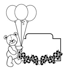 Black and white frame with Teddy bear toy with gift box. Vector clip art.