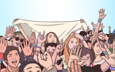Illustration of festival crowd cheering and dancing in color