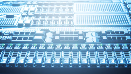 Bottom view of rack server storage and network against neon light in data center with dept of field in blue cool tone , technology background