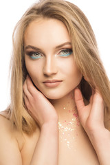 Fototapeta premium Glamorous young woman with perfect makeup and glitter on her neck. Closeup shot