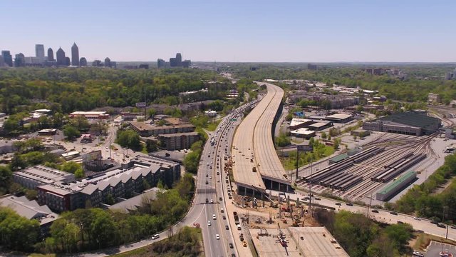 Atlanta Aerial v285 Flying low around freeway bridge collapse with cityscape views 4/17