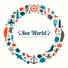 Sea icons and symbols set. Sea animals. Nautical design elements. Vector